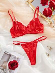 Fashionable And Charming French Design, Red Sexy Rose Bra, Bra Set, Youthful Temptation Revealing Intimate Apparel With Alluring Semi-Sheer Design, Suitable For Romantic Getaways And Fantasy Nights - Red - View 6