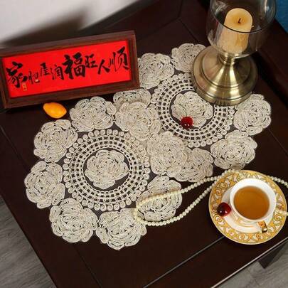 1pc/2pcs Vintage Champagne Gold French Embroidered Rose Flower Placemats, Coasters, Vase Mats