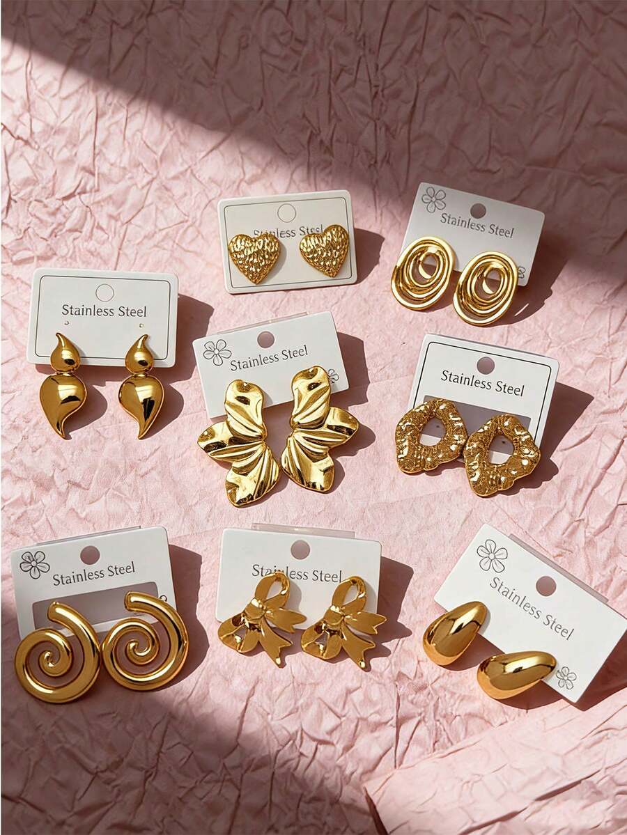 Bộ 12 đôi bông tai vòng hình học bất đối xứng mạ vàng 14K, thiết kế rỗng sáng tạo/hình trái tim/mặt dây chuyền hình hoa, bông tai thời trang và thanh lịch dành cho nữ, trang sức. - Vàng - Xem 1