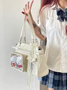 Y2K Vintage Large Capacity Transparent Badge Corn Road Messenger Bag, Suitable For Street Fashion, Shopping, Commuting, Gifts, Parties, Anime Conventions, Versatile Shoulder/Crossbody Bag - Beige - View 3