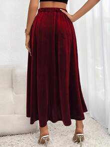 女士优雅长款喇叭天鹅绒半身裙，休闲派对针织面料半身裙，略带弹性 - 酒紅色 - 查看 2