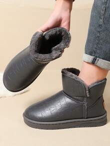Plus Size Unisex Fashion Snow Boots, New Winter Warm Plush Lined Waterproof Casual Mid-Calf Winter Shoes, Slip-On Design - Grey - View 6
