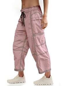 Women's Cargo Pants Wide Leg Elastic Waist Water Resistant Hiking Joggers With Pockets Contrast Stitch Fall Winter Christmas Gifts - 淺紫色 - 查看 2