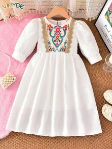 Vihyde 1pc Young Girl Floral Print Dress With Puff Sleeves And Gold Trim, Festive Design - White - View 3