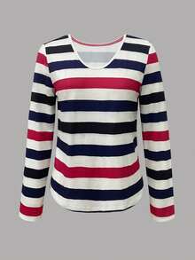 女士休闲圆领宽条纹印花 T 恤 - 彩色 - 查看 4