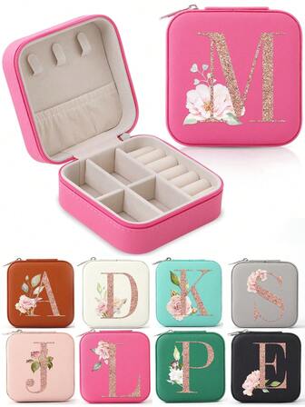 1pc Pink Jewelry Box With Rose Flowers, Fashion Travel Jewelry Box With Rose Gold Letters, Personalized Gift Travel Jewelry Box Birthday Gifts For Women Christmas Gifts For Teen Girls Initials Travel Jewelry Box A-Z