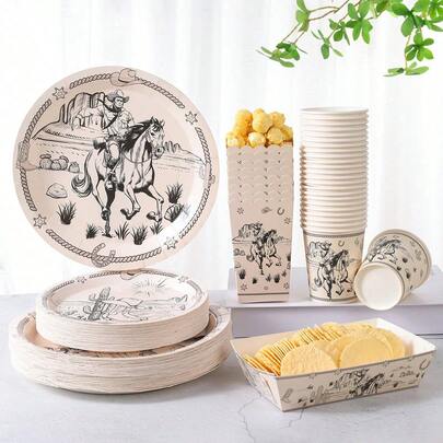 Bộ đồ dùng tiệc in hình cao bồi miền Tây đen trắng gồm đĩa, cốc, hộp đựng bỏng ngô và hộp đựng thức ăn, phù hợp cho 24 khách, bộ đồ dùng bàn ăn bằng giấy dùng một lần cho sinh nhật, đám cưới, tiệc tùng, dã ngoại gia đình.