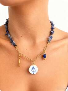 Monlansher Nouveau collier pour femme avec pendentifs multiples en perles de pierre, orné de cœurs, de lunes et d'hexagones. Un bijou polyvalent à porter au quotidien. - Doré - Voir 4