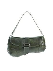 新款深绿色蜡皮腋下包，机车风单肩包，复古手提包，休闲腋下包，Y2K水桶包，新月包，少女街头风，节日礼物，派对，日常佩戴，新款女包，深绿色PU包