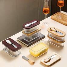 1个带密封盖和黄油刀的玻璃黄油碟，容量300毫升/10.15盎司，可保存黄油 - 适用于台面和冰箱储存 - 带盖冰箱黄油碟 - 台面黄油架 - 带盖黄油碟 - 彩色 - 查看 2