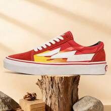 1双男士时尚帆布鞋，系带字母印花红色牛仔低帮休闲滑板鞋，情侣款 - 火焰紅色 - 查看 11