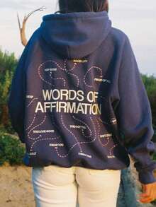 Women Letter Embroidery Hoodie Teen Girls Cute Graphic Hooded Loose Preppy Y2K Long Sleeve Oversized Pullover Hoodie Tops Fall Winter - Màu xanh lam - Xem 2