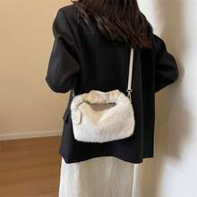 1个女士毛绒人造毛皮手提包，毛绒单肩包，斜挎包，手提包 - 卡其色 - 查看 9