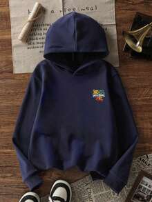 一件青少年男童保暖连帽衫，带标语印花，适合青少年学生穿着，秋冬季长袖上衣 - 藏蓝色 - 查看 6