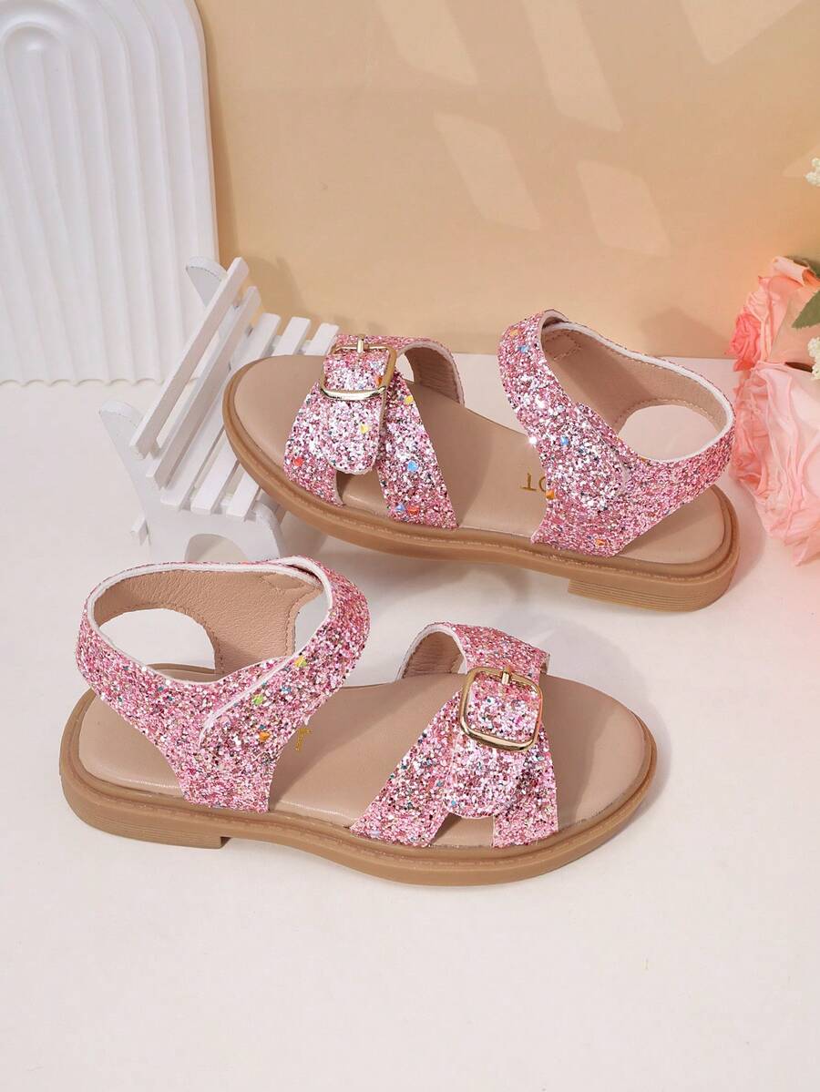 Summer New Thick-Soled Shiny Pink Sequin Children's Sandals, Buckle Design, Girls' Princess Flat Sandals, Non-Slip And Comfortable - Pink - View 1