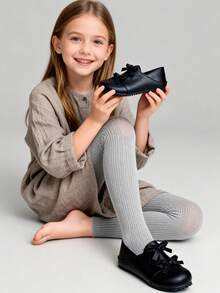 2025圣诞新年礼物,3-12岁女童鞋,双层3D蝴蝶结设计,PU皮革防滑耐磨,低帮圆头平底鞋,优雅甜美公主风皮鞋,适合日常上学和派对活动,畅销款 - 黑色 - 查看 9