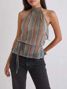 Top sin mangas elegante con volantes y espalda descubierta, top de fiesta plisado tipo chaleco con estilo Y2K - Multicolor - Ver 2