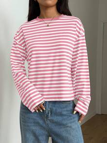 SDNGED Women Casual Top, Striped Contrast Ribbed Everyday Wear Spring - Pink - View 6