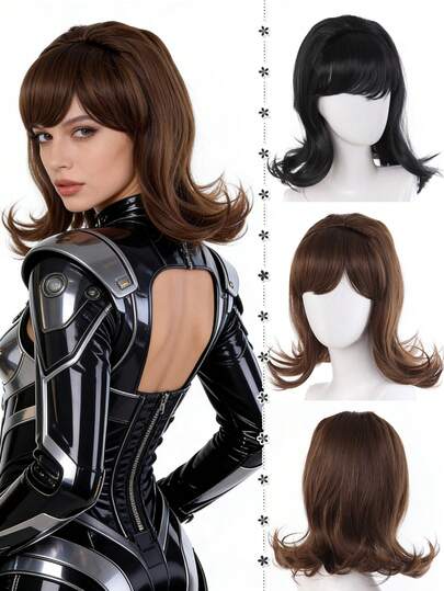 Peruk Svart Kort Hår Kvinna Naturlig Simuleringshår Utåtriktat Kort Lockigt Hår Hög Skulltopp Anti-Curling Stil Dagligen Heltäckande Syntetisk Peruk Överdrag