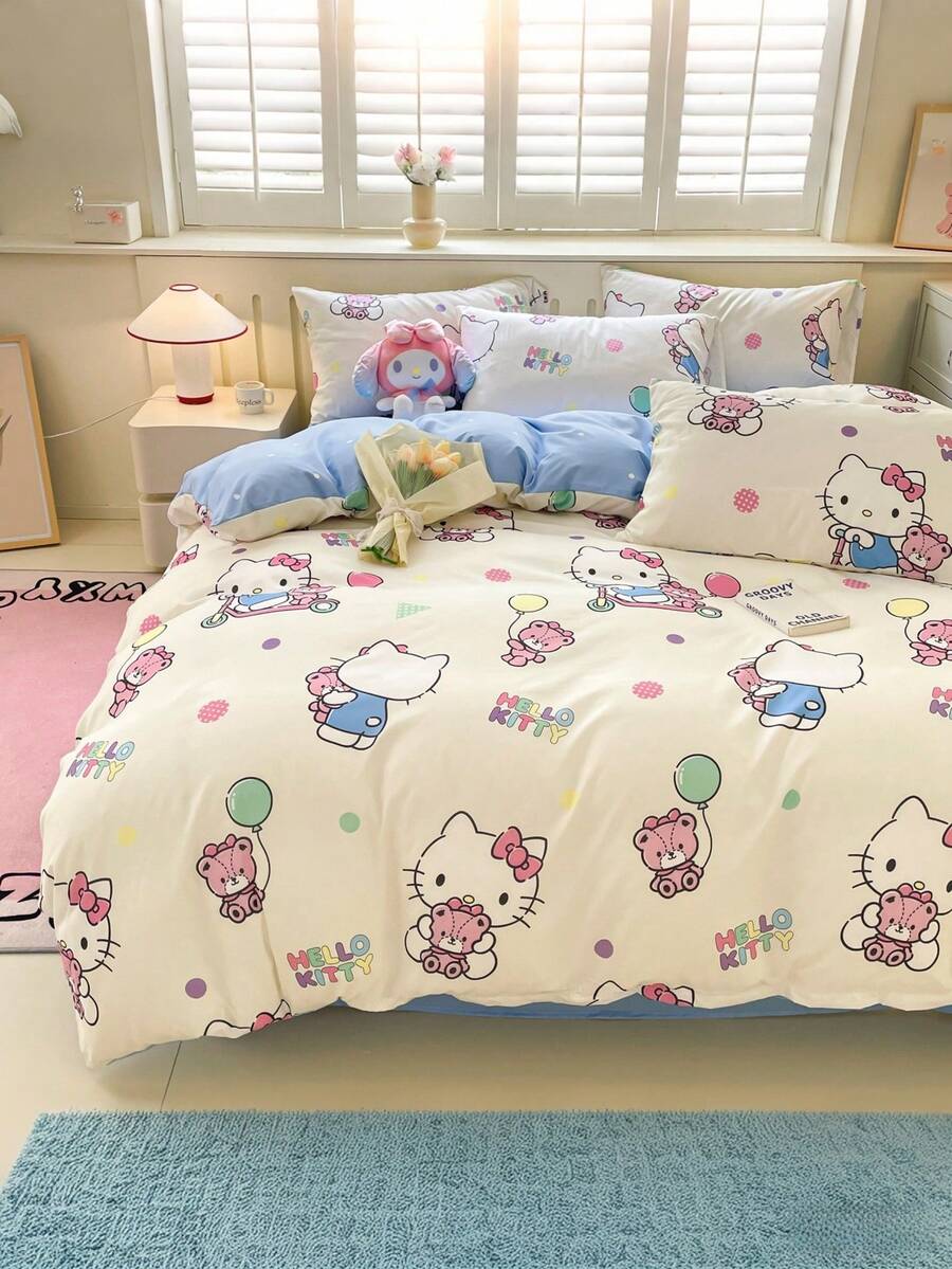 SANRIO Bộ chăn ga gối in họa tiết 3 món - 1 vỏ chăn + 2 vỏ gối (không kèm ruột chăn), họa tiết hoạt hình, cỡ Full Size, mềm mại và thoải mái, phù hợp cho ký túc xá, phòng ngủ gia đình, khách sạn, mọi mùa, có khóa kéo và vỏ gối, nhiều màu sắc, bộ chăn ga gối cỡ Extra Large