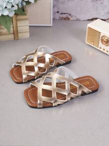 1 par de chanclas planas de playa de diseño de unicolor y calado de moda para niños, de verano - Champán - Ver 5