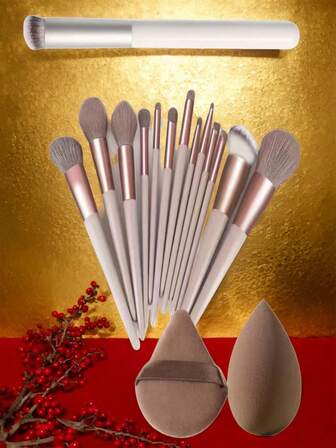 16件套化妆刷套装。专业美妆工具，适合基础妆容。包含眼影和混合色粉底刷，附赠化妆包，内含2个化妆海绵、1个遮瑕刷和13支化妆刷。是送给化妆新手的理想礼物。刷毛柔软，方便携带。一套完整的化妆工具，也是理想的节日礼物。