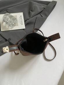 1pc Mini Faux Brown Suede Boxy Bag With Adjustable Shoulder Strap, Zipper Closure Fashion Crossbody Handbag For Women, Suitable For Daily Use, Dates, Shopping, Work - Coffee Brown - View 9