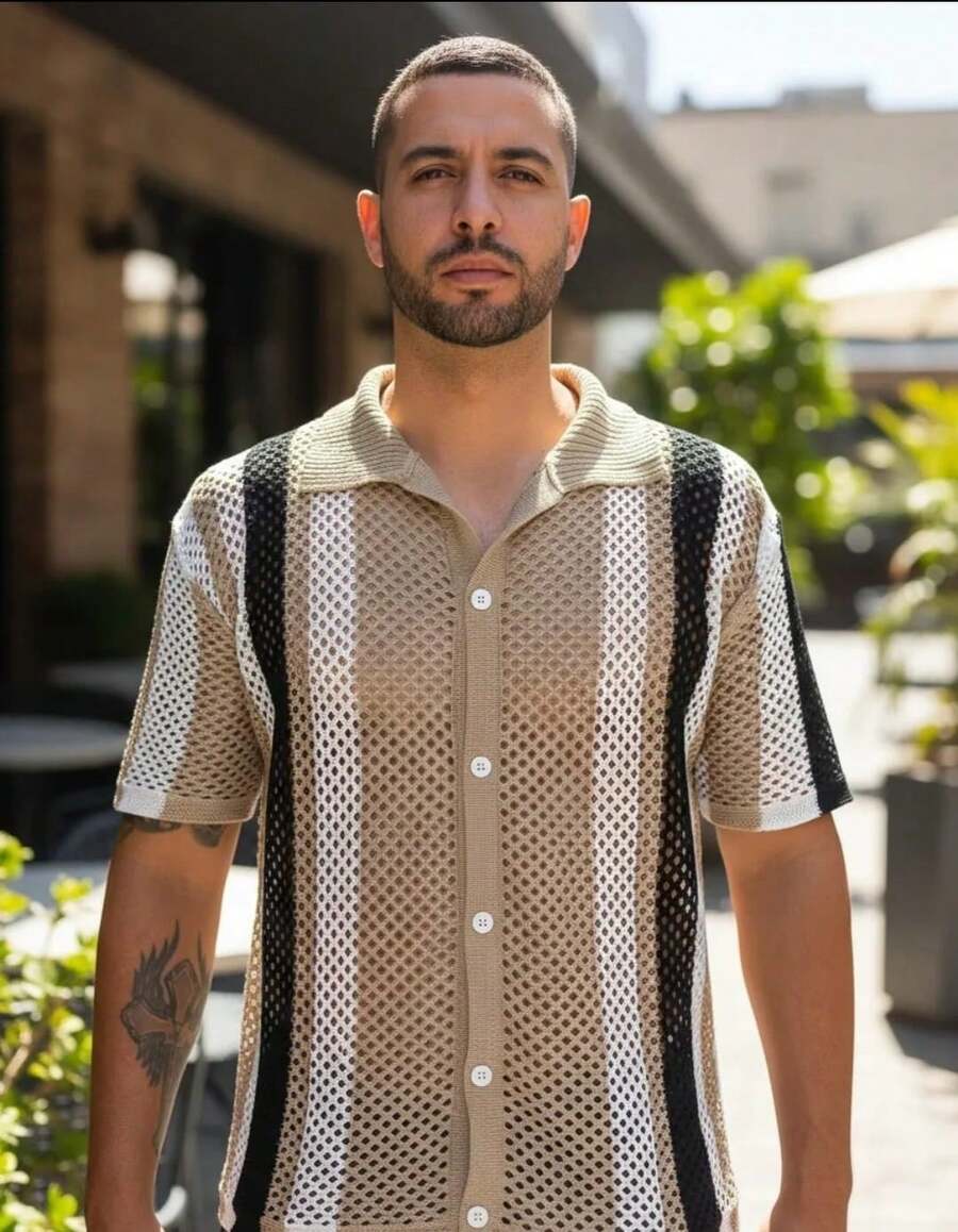 Summer Polo Shirt With Buttons, Knit - Beige - View 1