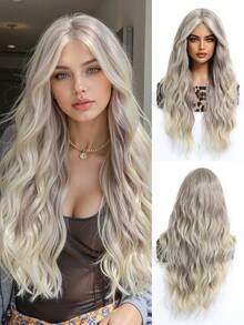 24英寸长灰色挑染波浪假发，女士黑色卷发假发，带空气刘海，水波纹假发，耐热合成纤维假发，适合日常派对使用 - 挑染灰色 - 查看 7