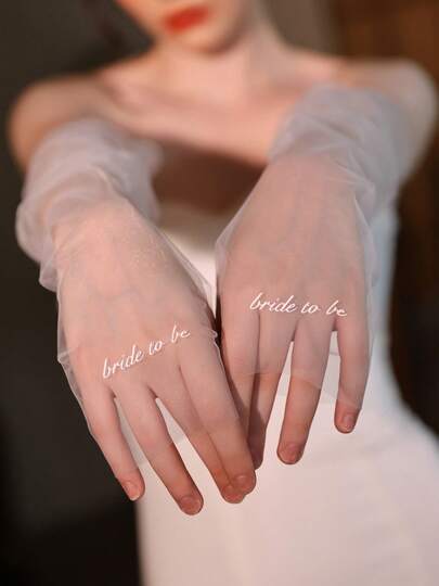 1 Pair Long Embossed Letter Bridal Gloves, Elegant Vintage Sheer Long Sleeve Accessory For Wedding, Formal Events, Photo Shoot