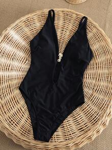 PEPPERMOLLY 1pc Women's Sexy One-Piece Swimsuit, Teardrop Cutout Backless, Beach Vacation 2026 Hot Chic Metallic Trim Sexy Gold Accent Swimsuit, Beachwear, Elegant Vacation Swimwear, Fashion Forward Design With Shiny Metal Embellishments - Black - View 7