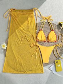 3 piezas Bikini con parches de encaje con volantes/volantes estilo bohemio, conjunto de ropa de playa casual, elegante y sexy para vacaciones, primavera/verano - Amarillo - Ver 3