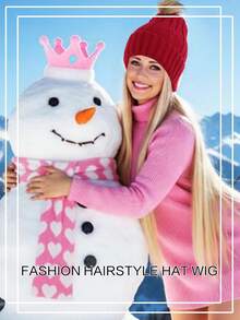 长直合成纤维假发，帽子接发，长款金黑色帽子假发，带弹力针织帽，22英寸合成纤维接发，适合女性和女孩，秋冬季基本保暖滑雪帽 - 彩色 - 查看 3