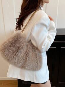 可爱毛绒云朵设计手提包，时尚单肩/斜挎包，适合通勤，秋冬新款毛绒包，新年必备 - 卡其色 - 查看 3