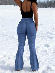 Womens Casual Denim Flare Leg Jeans Long Button Pocket Zipper Medium Stretch - 中等水洗藍 - 查看 4
