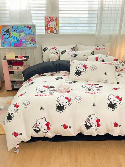 SANRIO 3件套可爱印花床上用品套装 - （1件被套+2件枕套，不含填充物），卡通全尺寸，柔软舒适，适合宿舍、家庭卧室、酒店，四季皆宜，带拉链封口和枕套，多种颜色可选，超大尺寸床上用品套装