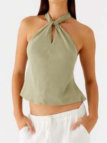 Women Summer Sleeveless Backless Halter Top Back Tie-Up Solid Camisole Top Y2k Going Out Shirts - 軍綠色 - 查看 2