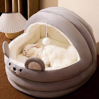 [Textura suave y esponjosa] Cama para gato de peluche rosa cómoda y adecuada para gatos de interior - Estilo moderno, sin ensamblar, cojín extraíble y lavable, casa para gatos suave con orejas de conejo lindas y bolas colgantes juguetones, cama para gato