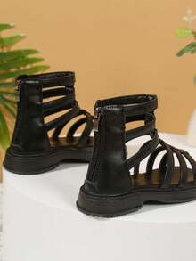 1 Pair Girls' Soft Bottom Non-Slip Open Toe Zipper Closure Sandals, Minimalist Fashion Strap Roman Sandals, Suitable For Summer - Black - View 7