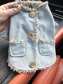 1pc Pet Clothes, Dog/Cat Outfit, Apparel For Small Dogs & Puppies, Stylish Cute Comfortable Pocket Button Jacket - Blue - View 11