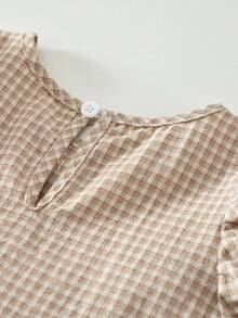 Girls Lace Plaid Puff Sleeve Casual Dress, Suitable For 3-7 Years Old Girls In Summer - Khaki - View 4