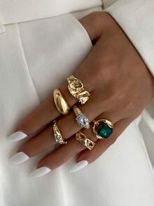 Bộ 6 chiếc nhẫn kim loại bất đối xứng đính đá lấp lánh phong cách Bohemian, trang sức sang trọng quyến rũ dành cho nữ, cặp đôi, đám cưới, tiệc tùng, ngày lễ, quà tặng đa năng. - nhẫn - Xem 7
