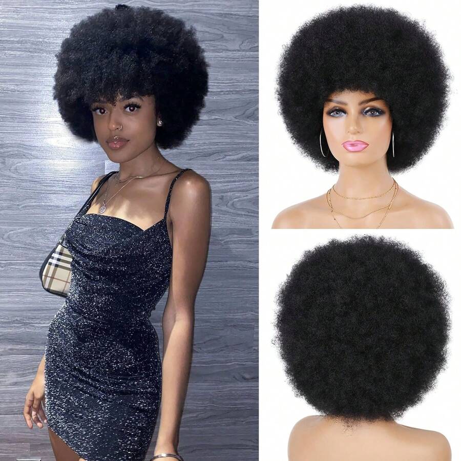 GLAMNOW Women's Black Afro Wig, 70s Disco Style Oversized Afro Wig, 1B Natural Black Curly African American Wig With Bangs, Fluffy Elastic Synthetic Heat Resistant Wig For Daily, Party, Cosplay, Halloween
