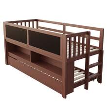 Children's Cabin Bed 90x200, Extendable Bed, With Patterned Chalkboard, Open Storage Space, Access Ladder, Solid Wood Children's Bunk Bed, Mattress Not Included, Brown - Brown + Wood - View 2