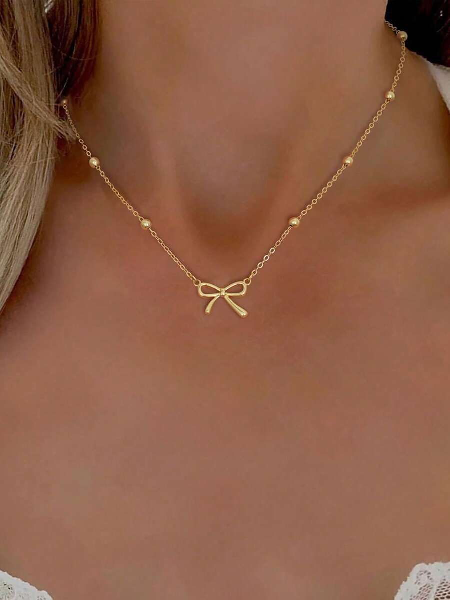 1pc Stainless Steel Jewelry – Gold Bowknot Pendant Bead Chain Set, Simple Cute Fashion Girl Necklace, Versatile High-End Stylish Minimalist Bow Pendant - 金色 - 查看 1