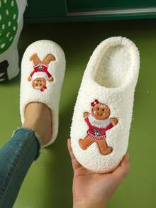 Pantuflas navideñas para mujer con diseño lindo de hombre de jengibre de dibujos animados, para fiestas y uso en casa en invierno - Blanco - Ver 5