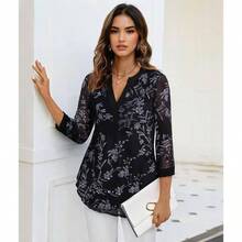 Blusa Elegante para Mujer 3/4 Manga - Camisa Larga con Cuello V y Estampado Floral - Tnica Holgada Que Afina la Silueta para Oficina, o Casual - Blanco + G - Ver 3