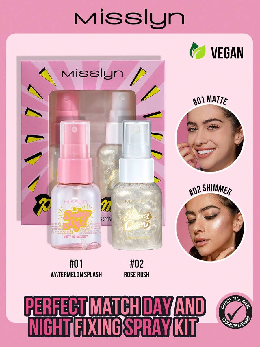 MISSLYN - 完美匹配日夜定妆喷雾套装，定妆喷雾，定妆喷雾套装，哑光亮泽双效定妆喷雾组合，保湿定妆喷雾，二合一喷雾，持久妆效，保湿，超细喷雾，光泽妆效，舒缓轻盈，不卡粉，修复肌肤屏障，蕴含玻尿酸的细腻面部喷雾，多用途