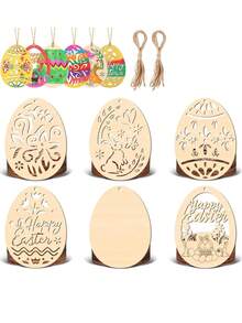 24pcs Unpainted Hollow Wooden Easter Eggs & Rabbits Crafts, Smooth Surface, Suitable For Home Hanging Decor, Classroom Gifts, Spring DIY, Easter Banner, Easter Party Crafts, Creative Home Decor, DIY Wooden Rabbit & Egg Decorations