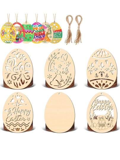 24pcs Unpainted Hollow Wooden Easter Eggs & Rabbits Crafts, Smooth Surface, Suitable For Home Hanging Decor, Classroom Gifts, Spring DIY, Easter Banner, Easter Party Crafts, Creative Home Decor, DIY Wooden Rabbit & Egg Decorations